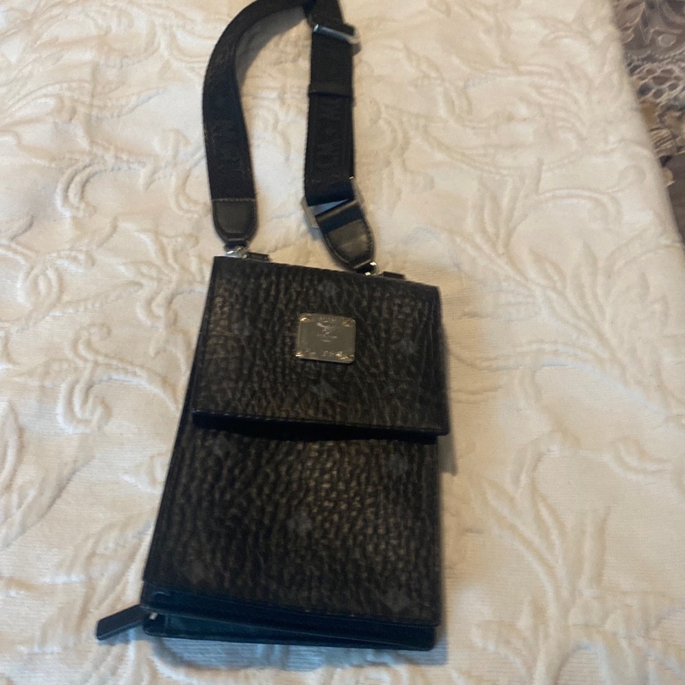 Mcm black signature phone wallet
